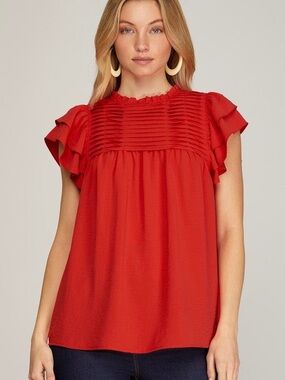 She + Sky Red Pintuck Pleated Flutter Sleeve Blouse Top Small Ruffle Neck Boho⁠